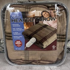 Biddeford Heated Plush Throw Pre Owned 50 x 62 - TAN/Beige Plaid Tested