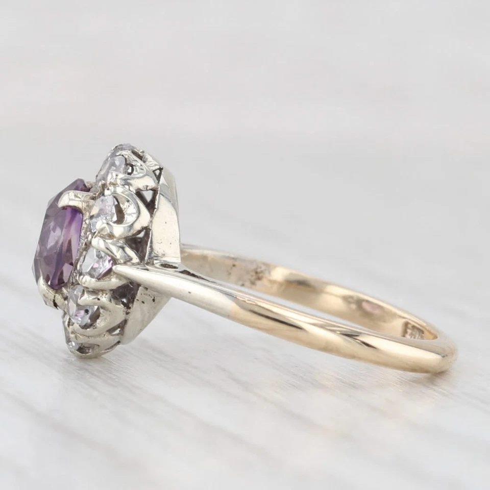 Anillo Halo Vidrio Amatista Vintage 1.15ct Oro Amarillo Blanco 9k Talla 5.5 Foto 3 de 4