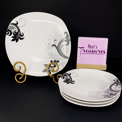 Van Well Wellco Design BLACK GRAY FLORAL Soft Square Ceramic Salad Plates Set 4