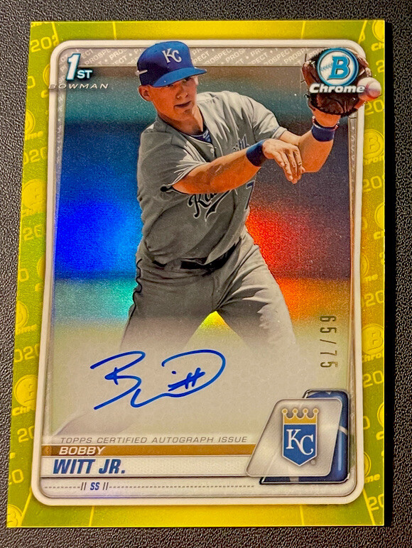 2020 BOWMAN 1ST BOBBY WITT JR AUTO YELLOW REFRACTOR SP /75 ROYALS ~ #CPA-BWJ