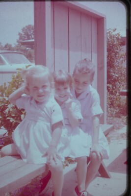 1950 -60 Ektachrome Transparency Slide  3 Children Girls On Bench Sisters Dress