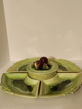Vintage Wade Calif USA Pottery Green Ceramic Red Apple Chip And Dip Set