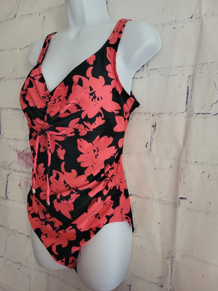 Traje de baño verde aguamarina de una pieza grande coral rosa floral grande acolchado cuello en V lazo Foto 4 de 4