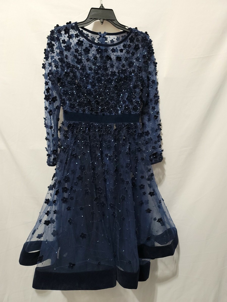 slim fit dress slacks Mac Duggal Women's Long Sleeve V Neck Mesh Micro Ruffle Midi Dress - Blue - Size 12 main image 1