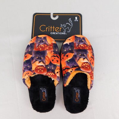Critter Creations Black Cat Pumpkins Halloween Plush Scuff Slippers 5-6 Small