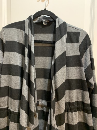 Forever 21 Cardigan Sweater Black/Gray Stripe Open Drape Front Drape Belted Med - Picture 3 of 6