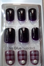IMPRESS NAILS PRESS ON SHORT - Shiny Deep Dark Purple & Plaid with Pearls