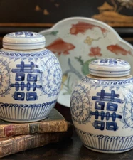Gorgeous Blue White Chinoiserie Double Happiness Ginger Jar Tea Caddy Pair 6.25”
