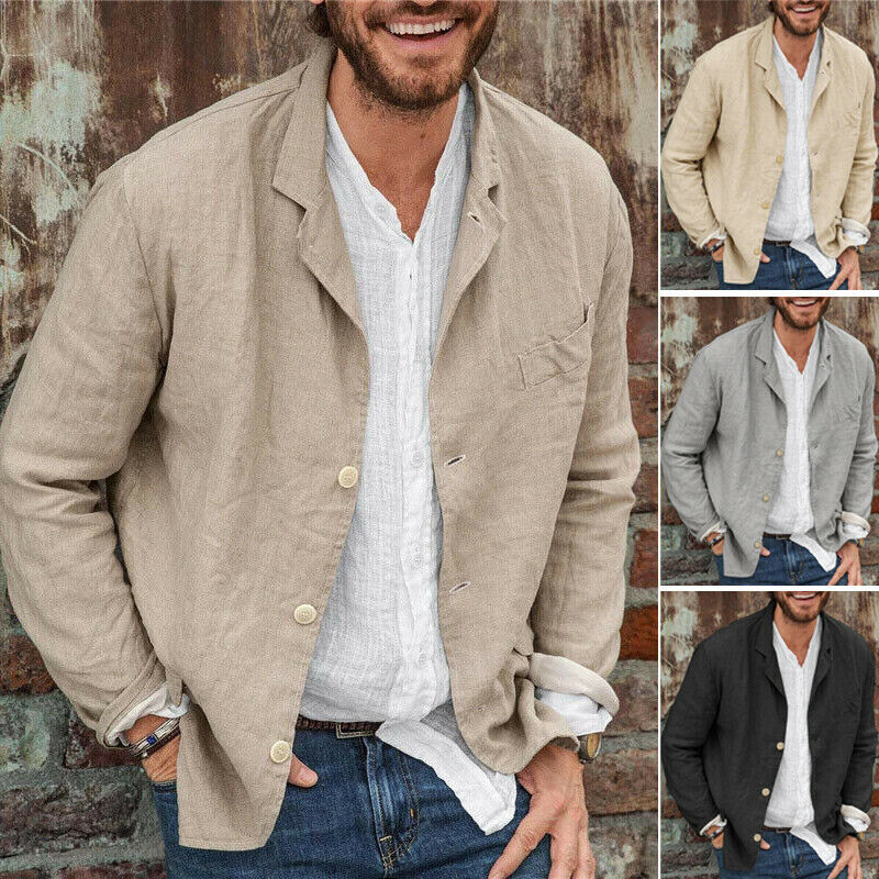 Men's Long Sleeve Cotton Linen Lapel Blazer Jacket Button Men's Long Sleeve Cotton Linen Lapel Blazer Jacket Button