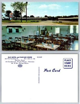 Vintage GLO MOTEL Pancake House Danville Illinois Postcard Chrome AAA