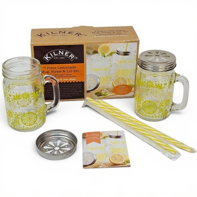 Kilner 7tlg Limonade Becher Set Glas Trinkgläser Deckel Strohhalme verpackt Geschenkset