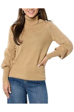 Christian Siriano Women's Button Collar Turtleneck Sweater Camel