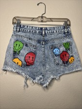 Shein Shorts Women s Size Small 4 Blue Denim Smiley Face Distressed Raw Hem