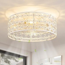White Caged Ceiling Fan 18" with Light Remote Flush Mount Low Profile