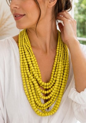 Statement Kette Gelb Holzperlen XXL Collier Damen Boho Sommer Halskette