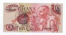 GHANA 10 CEDIS 1977 PICK 15 SPECIMEN UNC