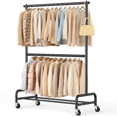 Double Rod Heavy Duty Clothes Racks for Hanging Clothes, Metal Rolling Garmen...