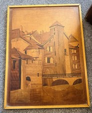 Vintage Marquetry Wood Inlay Bridge Scene 60cm Framed Mid Century Wall Art