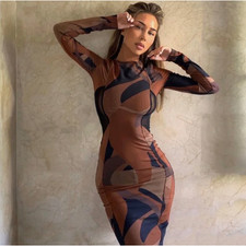 House of CB CASSIDY BROWN PRINT MIDI Bodycon DRESS Womens Small 