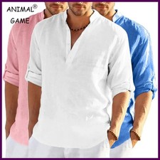 New Men's Linen Long Sleeve T Shirt Solid Color Loose Casual Breathable Shirt