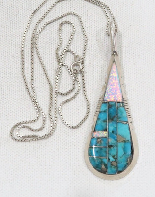 Navajo Brandon Etcity turquoise, pink opal inlay large 925 pendant necklace rare