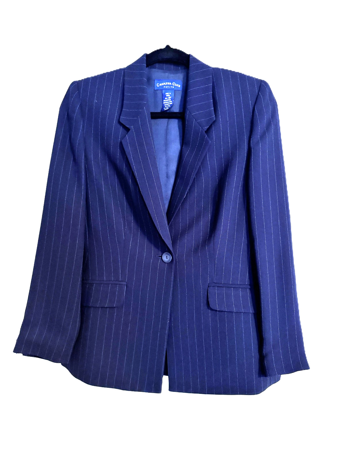 Charter Club Petite Women’s Blazer 8P Navy Blue Jacket Striped One Button