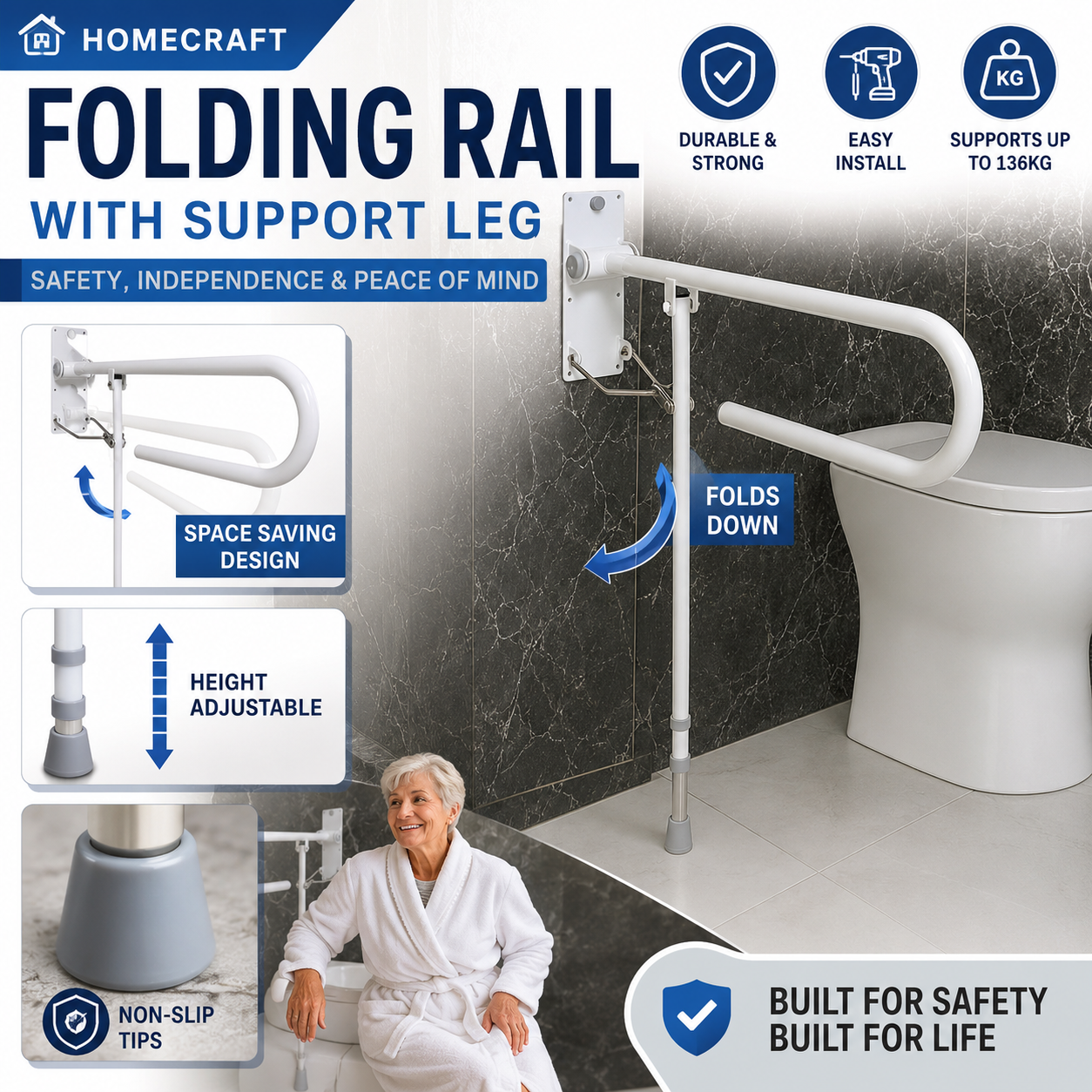 Folding Toilet Grab Rail With Support Leg Height Adjustable Bathroom Safety Bar