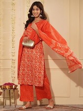 Women Orange Cotton Printed Indian Kurta With Pants Dupatta ,Salwar Kameez Eid