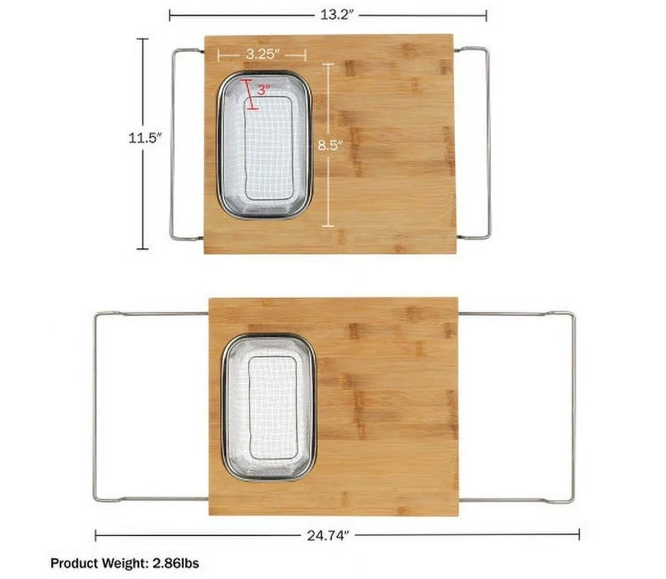 Over The Sink Bamboo Cutting Board Expandable Removable Strainer Wash Tray - Image 2 of 4