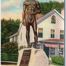 c1940s Plymouth, MA Massasoit Native American Linen Postcard Statue Chief A89