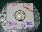 1939 P Mercury 90% Silver {WWII} Era Dime -[PHILADELPHIA MINT] (87 YEARS OLD)