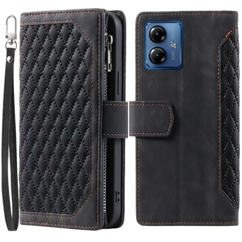 Luxury Rhombic Leather Wallet Case Zipper Flip Card Case For Motorola Moto G14 - 第 9/44 張圖片