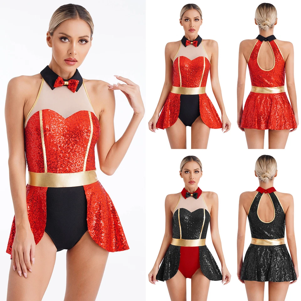 Mujeres Leotardo Pajarita Vestido Juegos con disfraces Circo Ringmaster Disfraz Brillante Uniforme Foto 3 de 3
