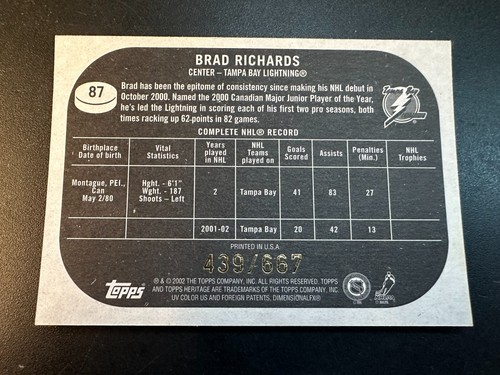 Brad Richards 2002-03 Topps Heritage Chrome SP #87 Serial #d /667 Lightning - Picture 2 of 2