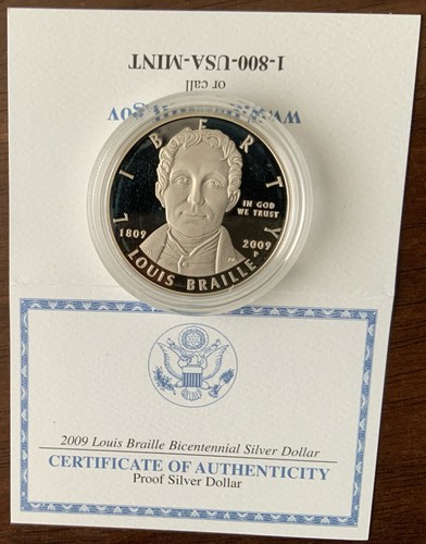 2009-P Louis Braille Dollaro d'argento prova bicentenario con OGP & COA USMINT #BR-1 - Foto 3 di 7