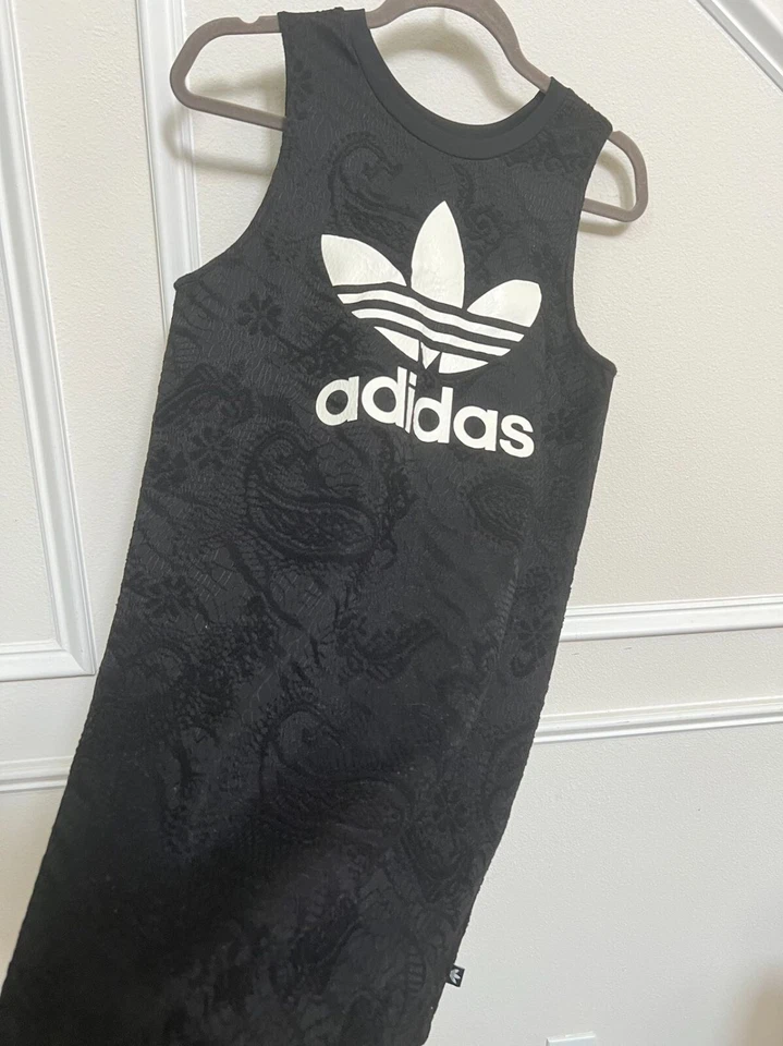 Adidas Embroidered Lace Floral Black Front Logo Tank Dress Sz S - Image 2 of 4