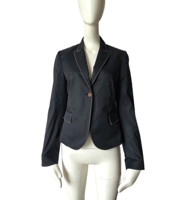 MARELLA Italy Black Cotton Blend Silk Trim One Button Blazer Jacket Size 8