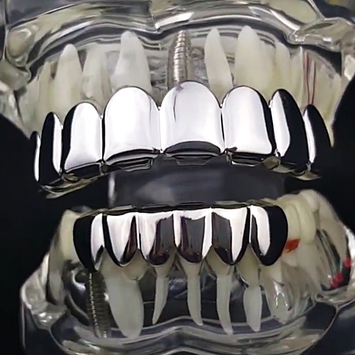 8/6 Best Grillz Set 8 Eight Top Six Bottom Teeth Shiny Silver Tone