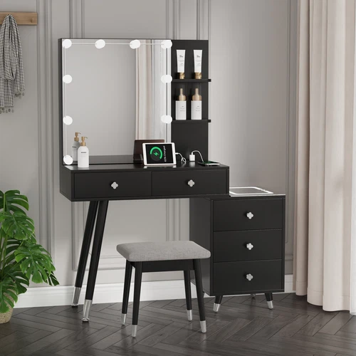 Modern Vanity Set Modern Makeup Table Stool Set with Bulb LED Mirror & Cabinet - Picture 2 of 7