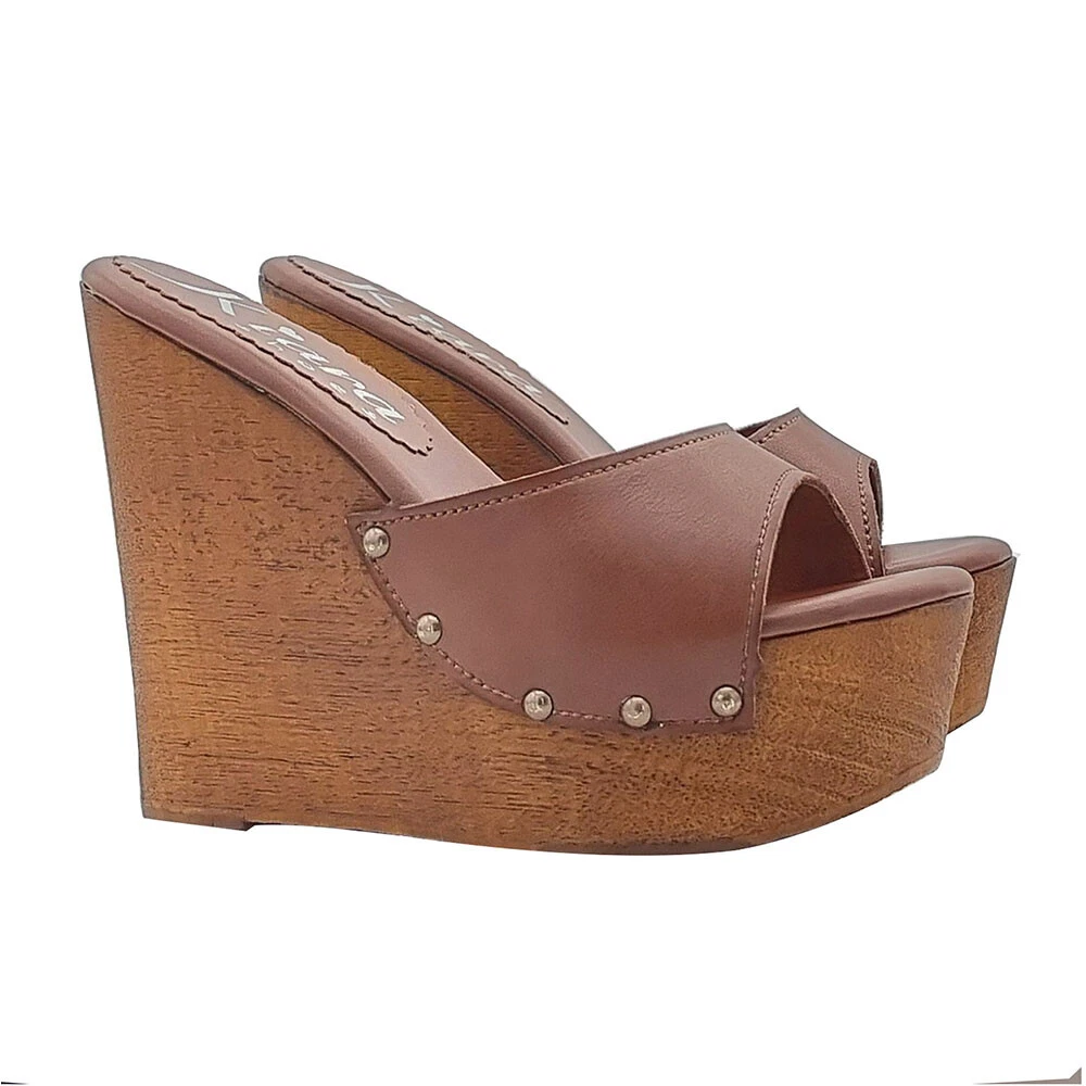Mules Talon Compensé KAOLA - Cuir Et Daim Camel/moka - Taille 36 - Neuves Sans Boîte