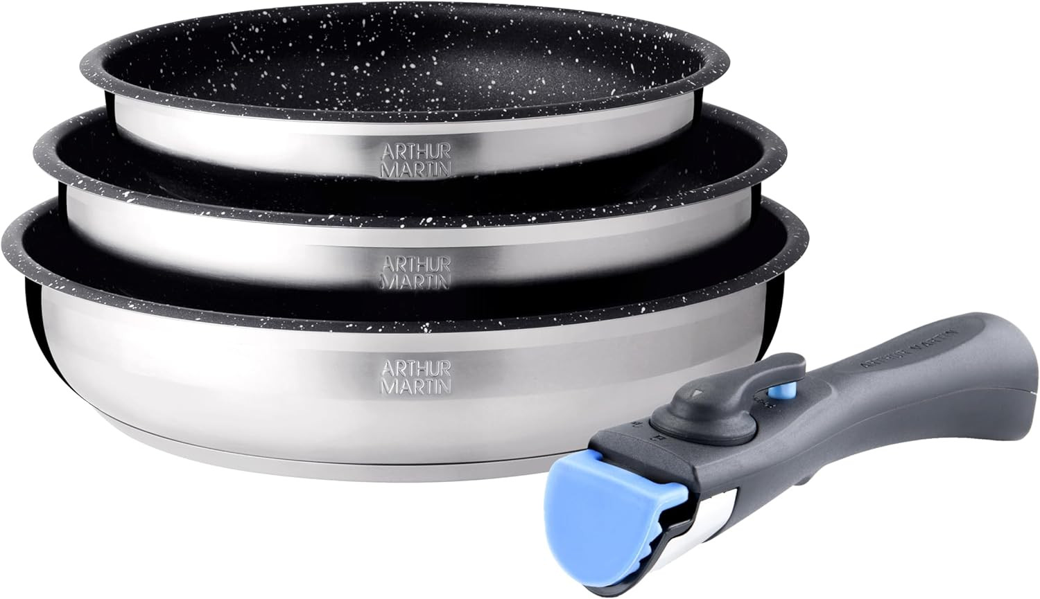Set de 3 poêles en acier inoxydable AM9728 avec revêtement anti-adhérent gris