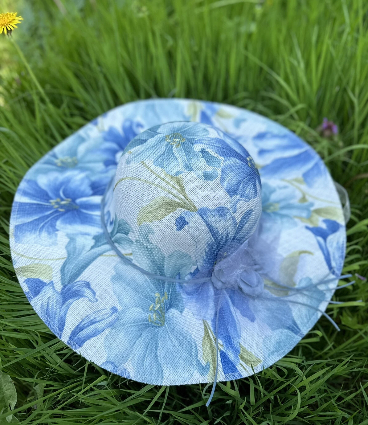 Summer Hat Large Brim Floppy Handmade, Sun Protection Women Cute Blue Flower