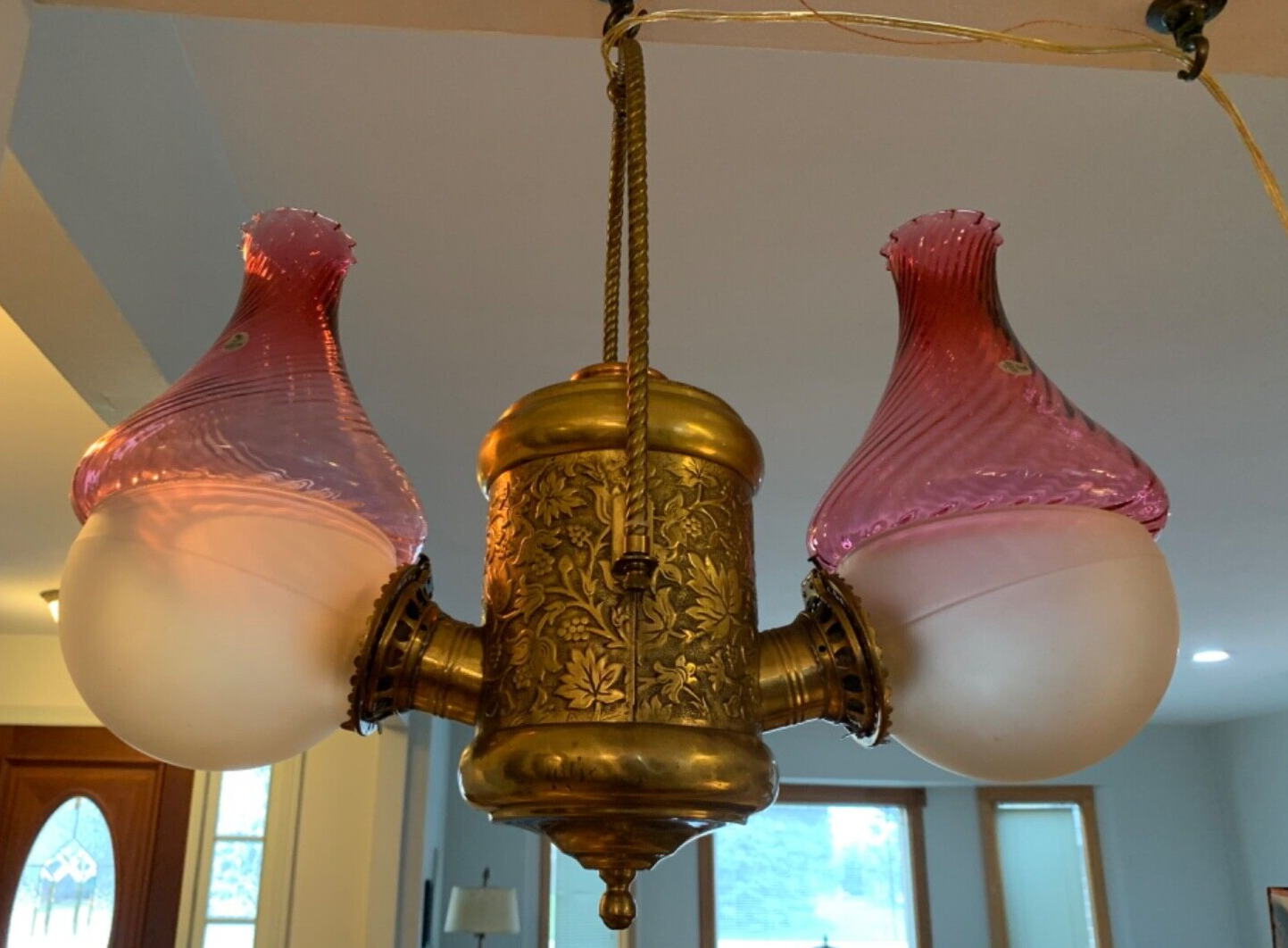 Antique Double Angle Lamp Co Frosted Elbows Fenton Chimneys ELECTRIC