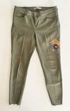 Jeans donna Zara skinny denim verde militare. Fiori ricamati sul lato taglia 8
