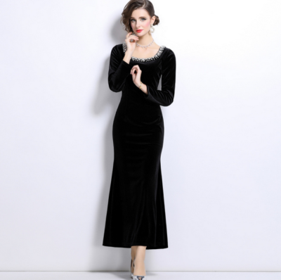 Women Velvet Elegant Fishtail Retro Black Evening Dress Slim-fitting Crew  Neck | eBay
