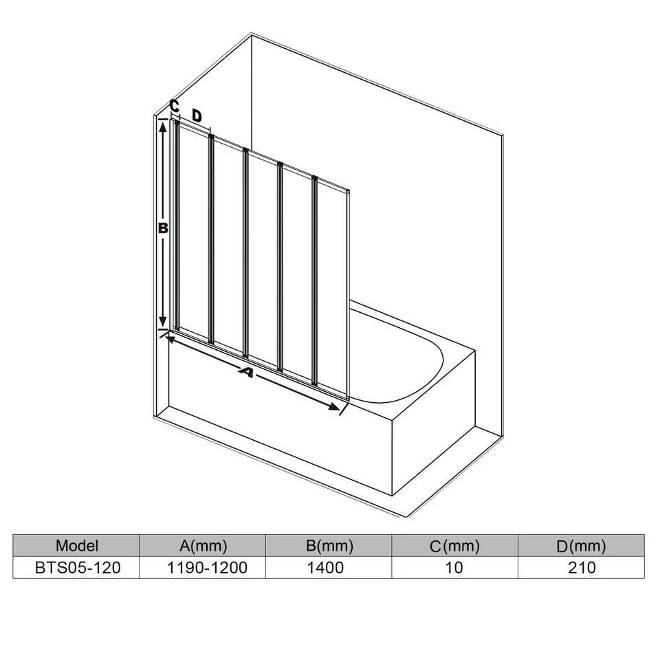 5 Folding Bath Shower Screen Black/Chrome Frame Wet Room Glass Panel 1200x1400mm - Image 2 of 4