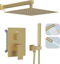 Hoimpro Shower System w/ 12” Shower Head & Handheld Wall Mount Brushed Gold NEW