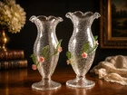 Vintage Murano Style Art Glass Vases Pair – Applied Flowers & Leaves