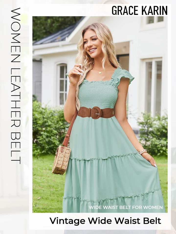 Cinturón elástico ancho para mujer cinturón de gamuza marrón años 50 3 pulgadas retro cinturón cinchado pl... Foto 2 de 4