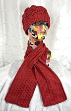 Handmade/Hand Crochet Beanie/Toque/Cap & Neck Scarf Brick Red Keyhole Pull Thru